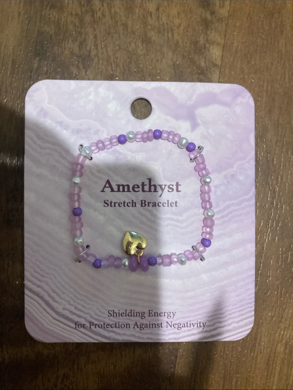 Amethyst Jeans Lavender and Purple Beaded Stretch Bracelet with Gold Heart